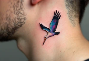 Stork silhouette flying above "Karolína – 9.9.2019 v 14:10", inked in subtle muted tones. tattoo idea