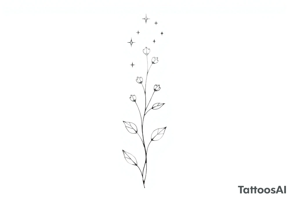 Simple, delicate, fine line, stars, plant. Vertical tattoo idea