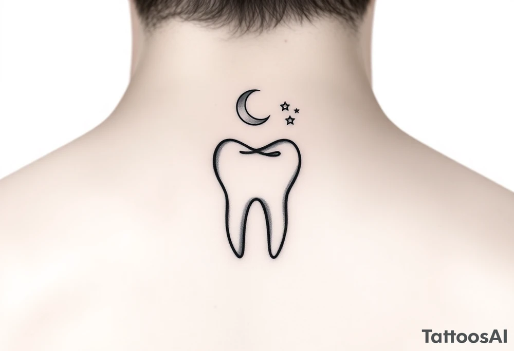 Fine-line minimalist molar tooth outlined in black, with a tiny crescent moon above it and two delicate stars, minimal shading, airy and elegant, perfect for a small behind-the-ear tattoo.” tattoo idea