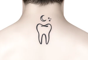 Fine-line minimalist molar tooth outlined in black, with a tiny crescent moon above it and two delicate stars, minimal shading, airy and elegant, perfect for a small behind-the-ear tattoo.” tattoo idea