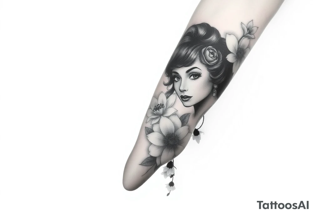 Pin up picture arm sleeve. With October flower November flower December flower tattoo idea