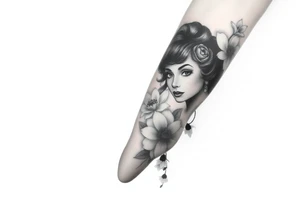 Pin up picture arm sleeve. With October flower November flower December flower tattoo idea