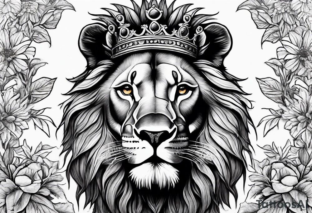 I want a detailed lion with a cross scar over his eye and a thorn crown on his head with maybe a little bit of floral work in the crown tattoo idea