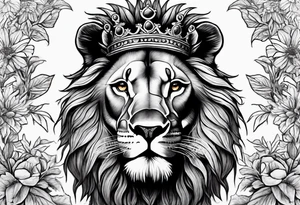 I want a detailed lion with a cross scar over his eye and a thorn crown on his head with maybe a little bit of floral work in the crown tattoo idea