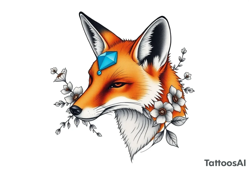 adult fox with blue jewelry smelling wild flowers tattoo idea