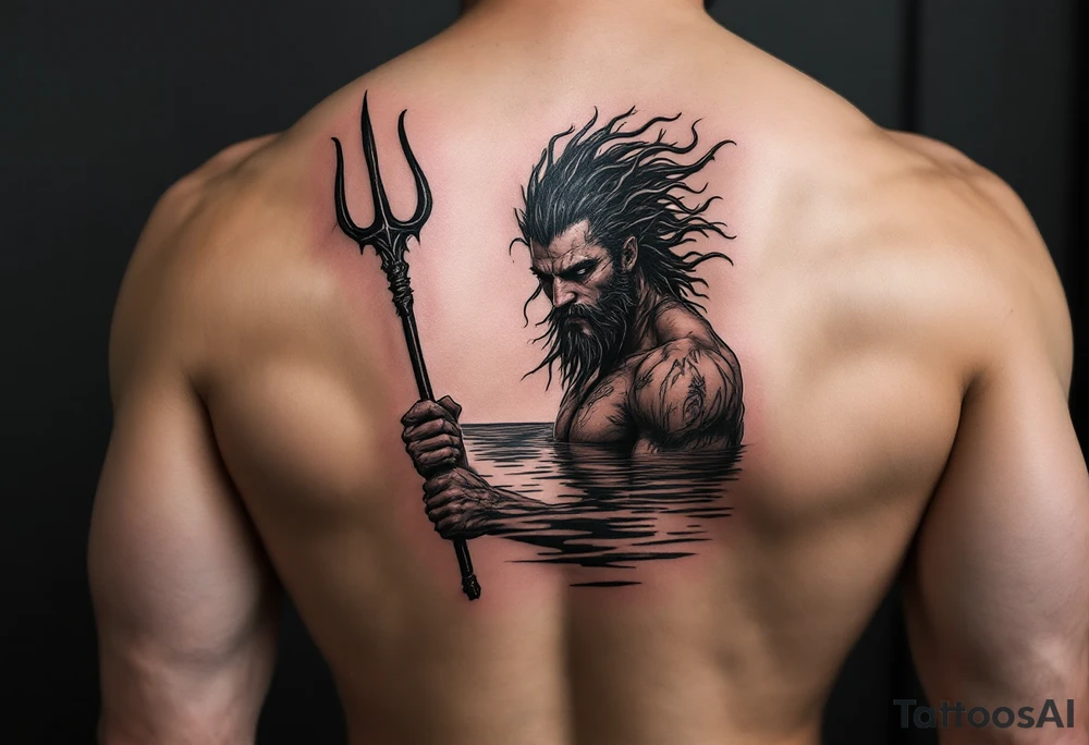 fit young poseidon with trident half way in calm water tattoo idea