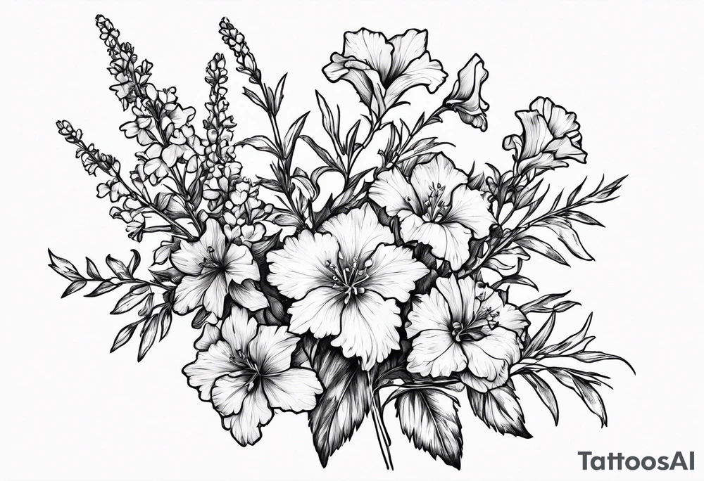 Small, simple sketched bouquet of larkspur, with one stemmed carnation tattoo idea