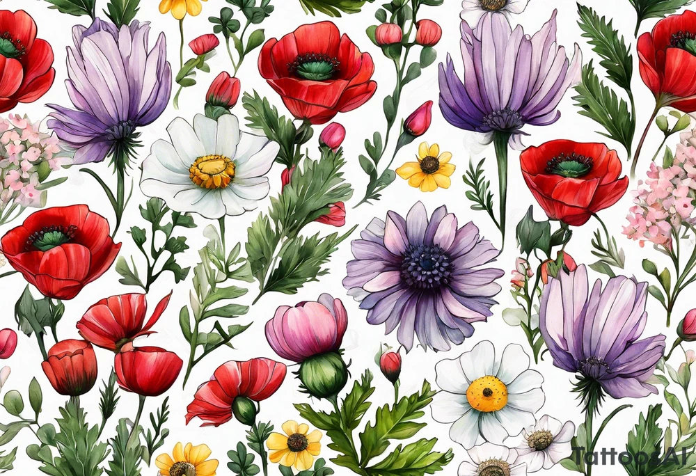 simple wildflowers with thistles, ferns, ranuculus, white anemones, sun flowers, red flowers, pink flowers, purple flowers, buttercups, babys breath, daisies, and greenery all in watercolor tattoo idea