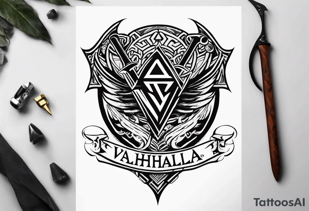 Valhalla sword shield dragon axe Valknut tattoo idea