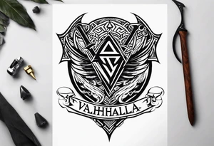 Valhalla sword shield dragon axe Valknut tattoo idea