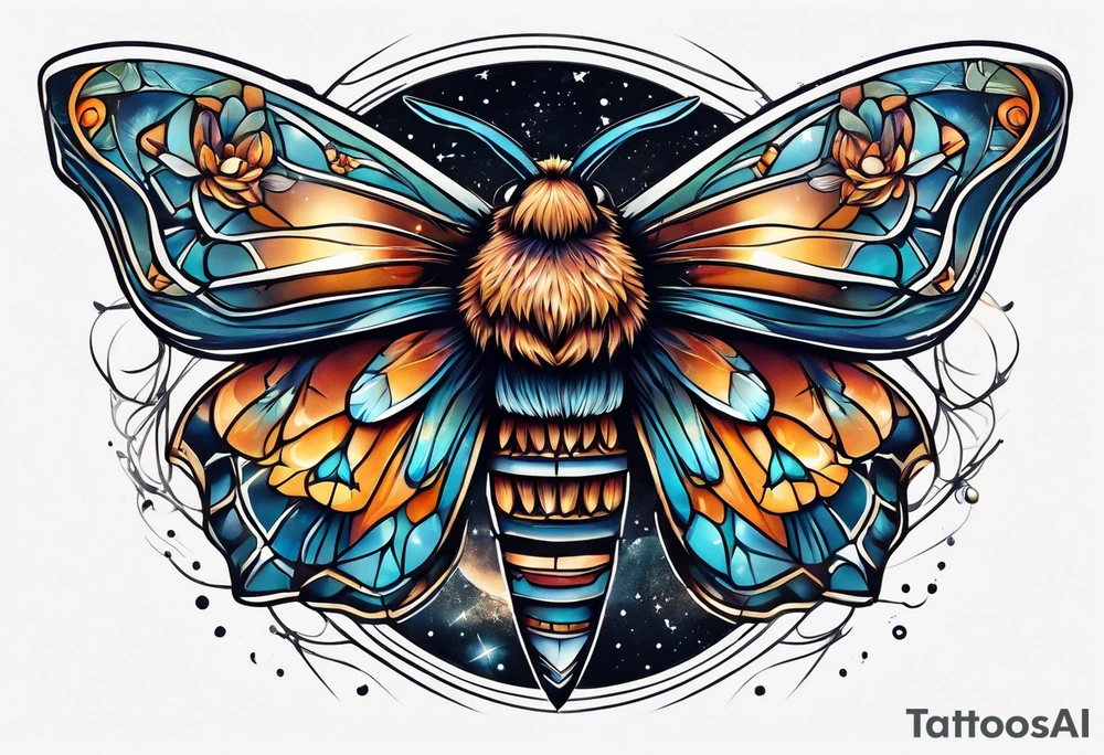 small Moth flying into outer space tattoo idea