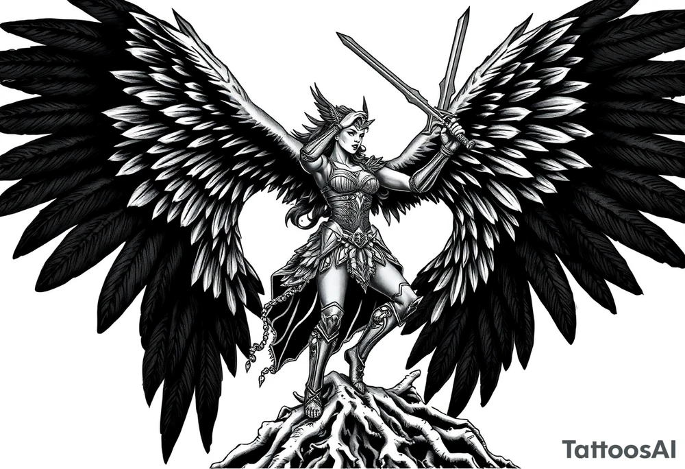 A fierce looking Valkyrie with very big dark wings. The whole body with legs should be visible.
She has armor.
She is flying towards the right, sword held high

She is screaming.
She is standing on roots tattoo idea