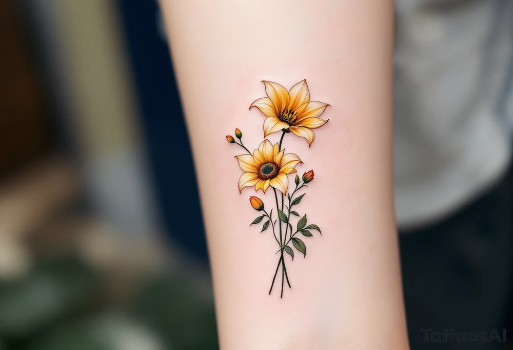 Dainty Stargazer lillies with small sunflowers and tulip buds in a dainty wildflower bouquet with stems tattoo idea