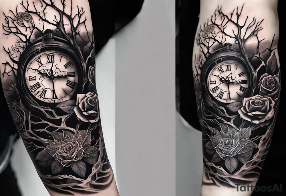 tattoo sleeve, tree roots break out of the chains at the bottom of the hand, Symbolizing loss, an image of a broken mask, Clock with flying numbers, girl, skull, roses tattoo idea