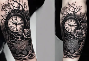 tattoo sleeve, tree roots break out of the chains at the bottom of the hand, Symbolizing loss, an image of a broken mask, Clock with flying numbers, girl, skull, roses tattoo idea