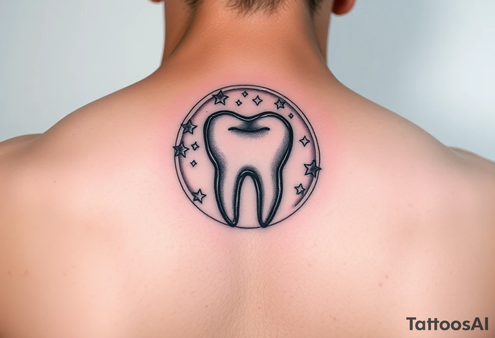 A kawaii-style molar tooth floating inside a crystal bubble with tiny stars and a gentle rainbow glow, watercolor effect.” tattoo idea