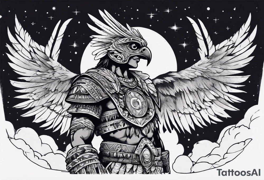 Aztec warrior gazing at the night sky in the moonlight as a harpy eagle flys by dark aesthetic tattoo idea