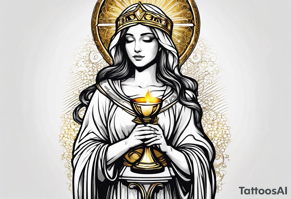 holy saint woman turned away with golden halo holding a chalice tattoo idea