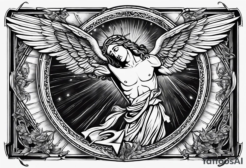 Ascension of crucified Jesus surrounded by angels and sun rays with a dove above his head and the sacred heart image on his chest. tattoo idea