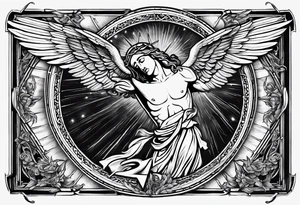 Ascension of crucified Jesus surrounded by angels and sun rays with a dove above his head and the sacred heart image on his chest. tattoo idea