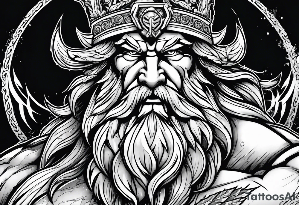 The enraged god Zeus the Thunderer with lightning bolts in a furious tattoo idea