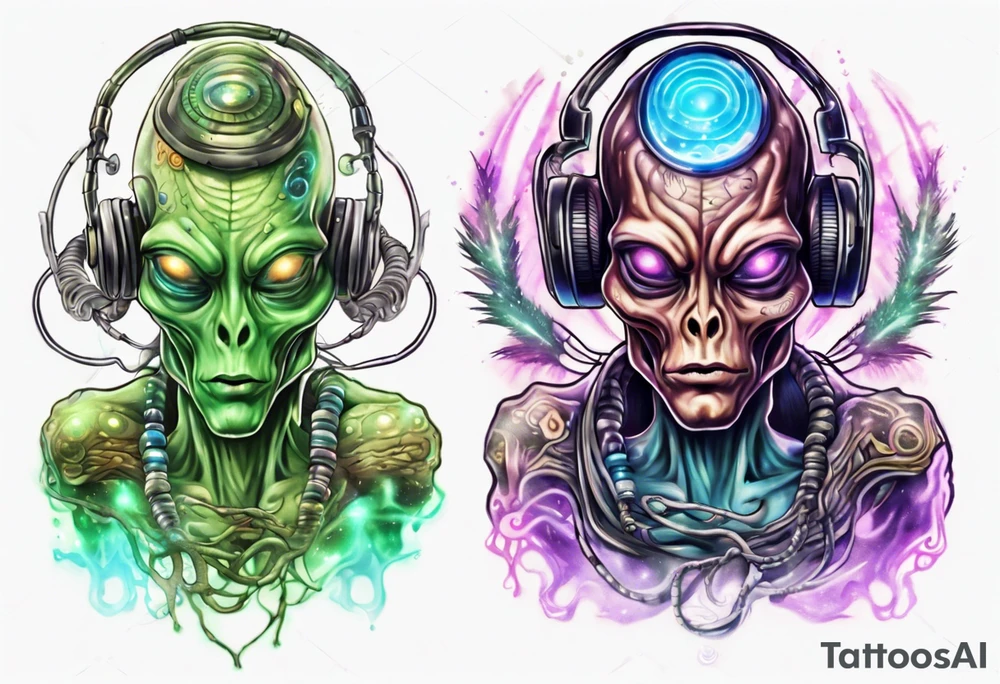 An alien DJ with a glowing pineal gland and energy flowing tattoo idea