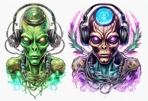 An alien DJ with a glowing pineal gland and energy flowing tattoo idea