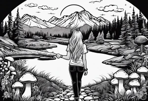 Straight long blonde hair hippie girl in distance holding mushrooms in hand facing away toward mountains and creek surrounded by mushrooms tee shirt and hiking pants; whole rendering within a circle tattoo idea