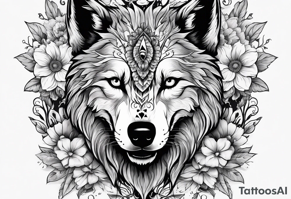 Wolf head half skull with flowers around tattoo idea