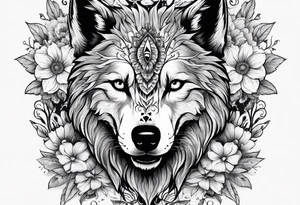 Wolf head half skull with flowers around tattoo idea