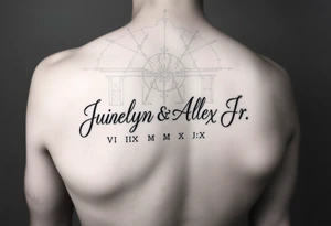 Junelyn & Alex Jr in cursive font  VI·IX·MMXIX VII·XXVII·MMXX on a forearm tattoo idea