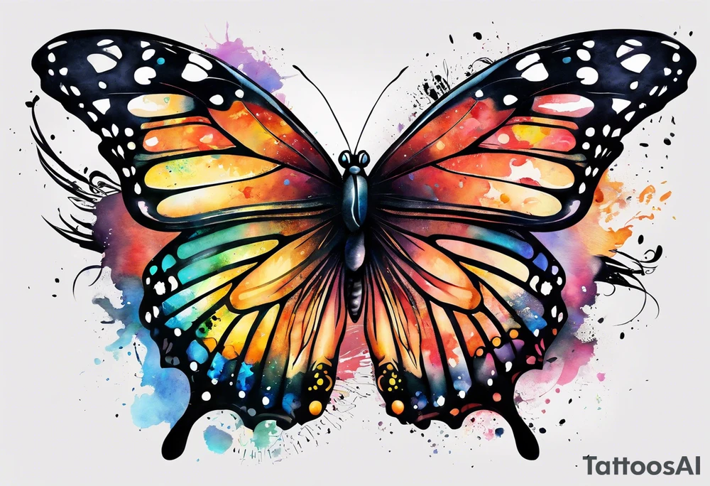 butterfly with one wing black scribbles, the other wing beautiful and colorful, the body has the date 1.9.2023 and the words written "I chose to live." tattoo idea