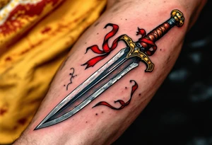 A weathered steel dagger with a twisted obsidian blade, wrapped in aged leather at the hilt, and a single crimson ribbon tied beneath the guard, symbolizing vengeance and loyalty. tattoo idea