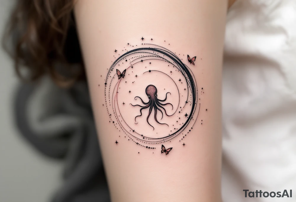 A minimalist dotwork tattoo design in the shape of a spiral galaxy. In the center, a small octopus is subtly integrated into the swirl, with flowing tentacles that extend along the spiral arms. The tentacles transform into elegant, curving lines resembling the flowing tails of koi or betta fish, partially in black ink and partially in fine red lines. Small stars are scattered throughout the galaxy shape, and two delicate butterflies hover near the edges. cosmic abstraction style, dotwork, fine line, with elements of Japanese graphic tattoo flow, minimalist octopus tattoo idea