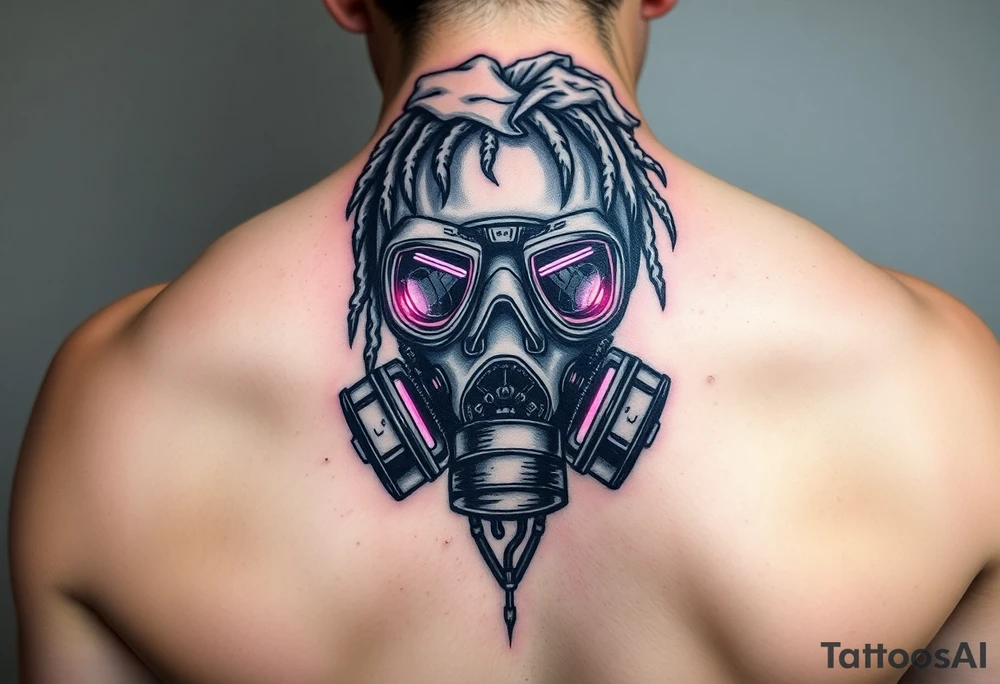 Tech-Nomad Mask
A stylized, worn-out respirator or gas mask, modified with neon lights and HUD displays.
Dreadlocks or a tattered hood for a post-apocalyptic feel.
A mix of traditional shading with futuristic digital glows. tattoo idea