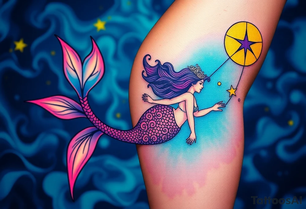 Mermaid, water, feminine, from hip to ankle on the side. Use blues,aquas, purple,pinks, yellow tattoo idea
