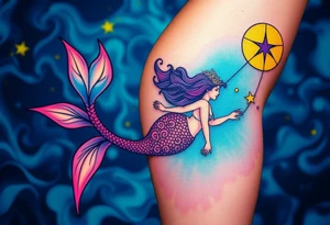 Mermaid, water, feminine, from hip to ankle on the side. Use blues,aquas, purple,pinks, yellow tattoo idea