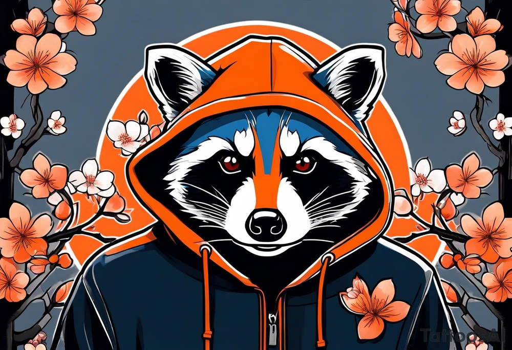 Raccoon wearing a white Superman logo on a black hoodie and orange Japanese cherry blossoms beside tattoo idea