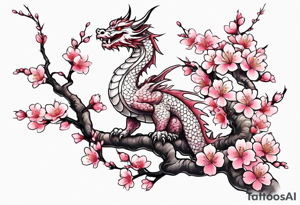 Single cherry blossom branch with small animated cute dragon tattoo idea