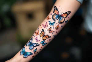 Many different butterflies in many different sizes and colors at least one monarch and in many stages of flight tattoo idea