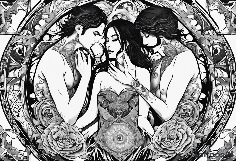 Men's chest tatto with two female psychedelic entities facing each other, meaning that only  their sides are visible. They are holding something which is positioned in the middle of the chest tattoo idea