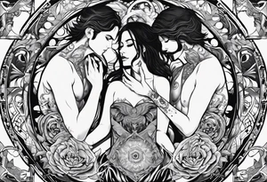 Men's chest tatto with two female psychedelic entities facing each other, meaning that only  their sides are visible. They are holding something which is positioned in the middle of the chest tattoo idea