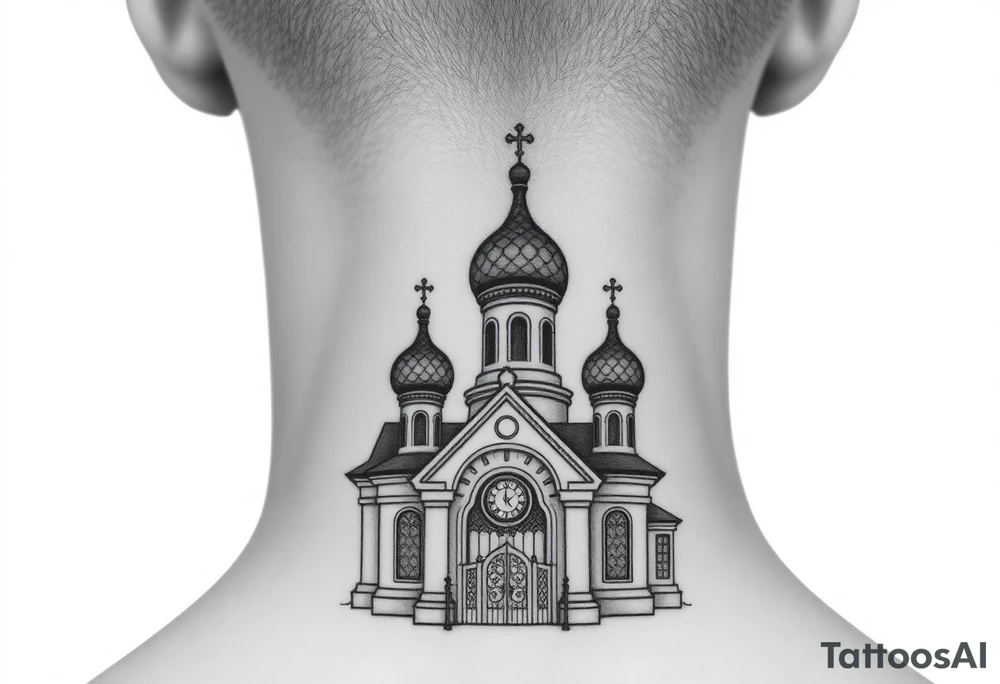 medium sized Russian orthodox church with bulb domes with a prominent russian orthodox mosaic tattoo idea