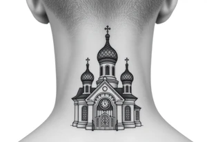 medium sized Russian orthodox church with bulb domes with a prominent russian orthodox mosaic tattoo idea