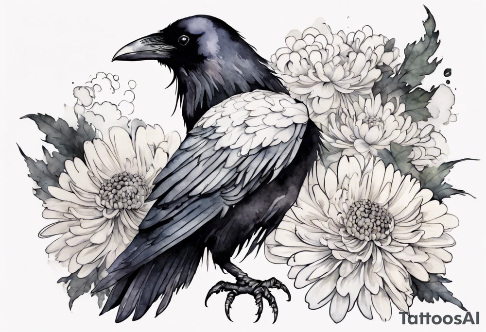 a raven wearing a white chrysanthemum on her head tattoo idea a raven wearing a white chrysanthemum on her head tattoo idea