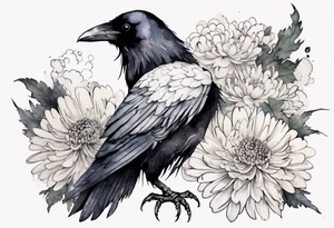 a raven wearing a white chrysanthemum on her head tattoo idea