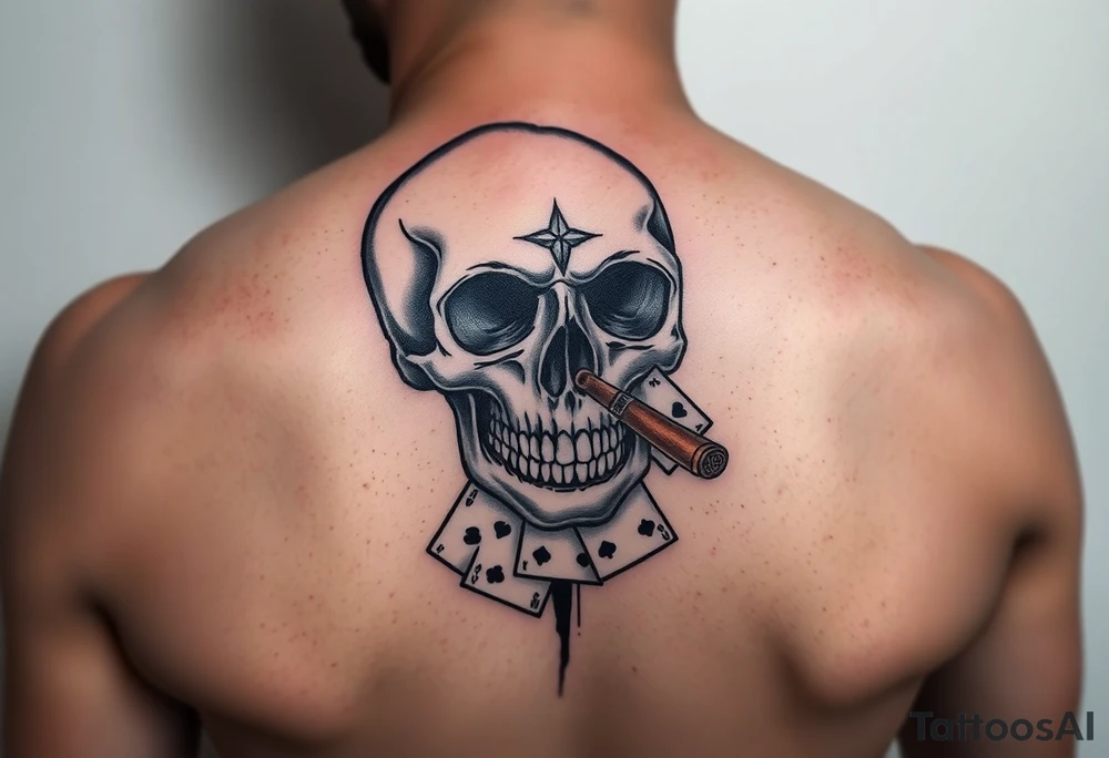skull with a smoking cigar in his mouth,playing cards,money. tattoo idea