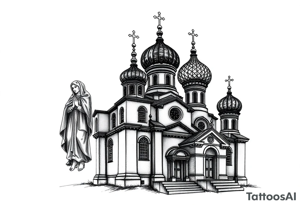 Russian orthodox church with bulb domes with a prominent russian orthodox style virgin mary stood outside to the left tattoo idea