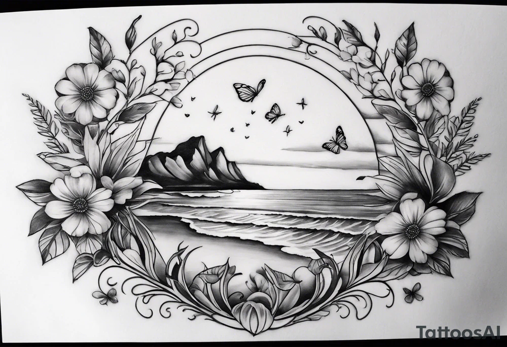 tattoo to represent that I have 3 children (girls). For inspiration I like flowers, the beach. Tattoo is for ribcage down side of body. I don't want images of women or girls in it. I want it pretty. To include daisy flowers and roses and buterfly, the moon tattoo idea