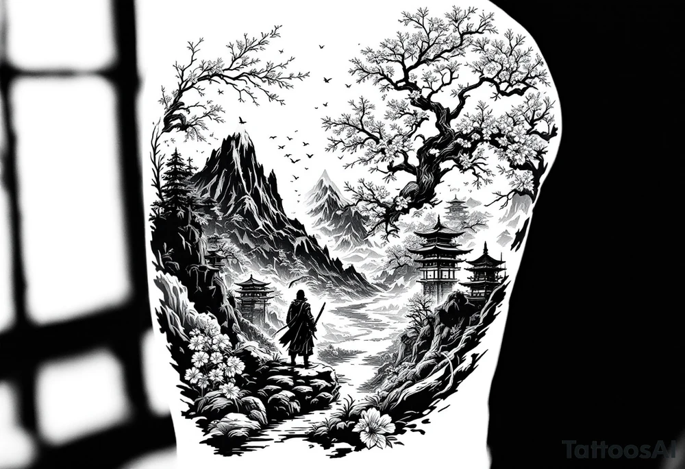 arm sleeve tattoo stencil of a samurai standing at the bottom of a mountain with cherry blossoms in the background, and japanese structures, also include an oni mask tattoo idea